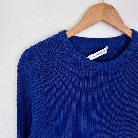 Pierre Balmain Women’s Fine Indigo Blue Heavy Weight Cable Knit Crewneck Sweater - Picture 3 of 8